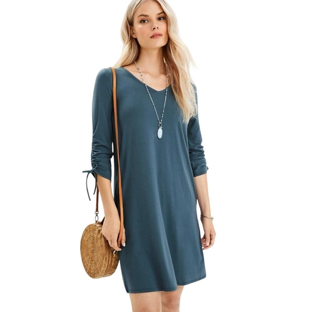 Garnet Hill Size XS V Neck Tie Sleeve Dress Tencel Mini Teal